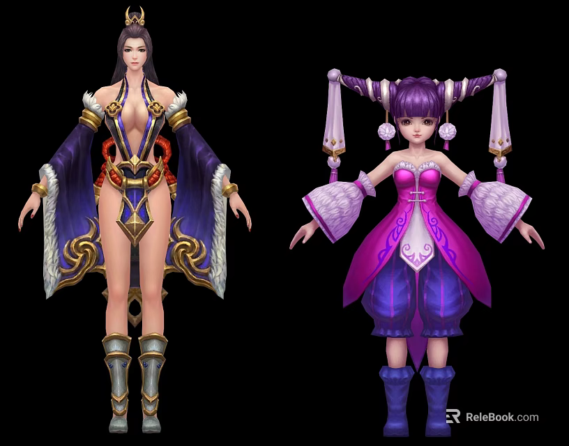 Game and Movie Characters in Elaborate Purple Pink Outfits with Traditional Headdress and Double Ponytails 3d model 