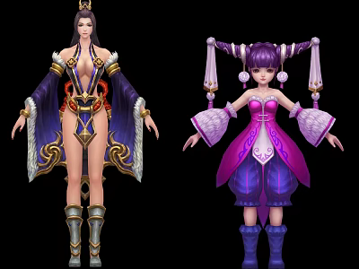Game and Movie Characters in Elaborate Purple Pink Outfits with Traditional Headdress and Double Ponytails 3d model
