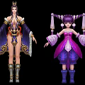 Game and Movie Characters in Elaborate Purple Pink Outfits with Traditional Headdress and Double Ponytails