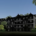 Traditional Chinese Style Townhouses with Multi Story Design Balconies and Lush Green Hillside