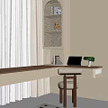 Cozy Home Office Desk With Wooden Top Laptop Table Lamp Bookshelf And Window Curtains