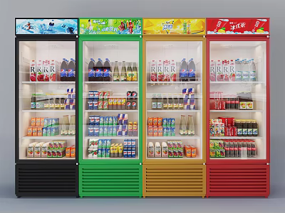 Colorful Beverage Display Refrigerators with Glass Doors Stocked with Bottled Drinks Juices and Sodas 3d model