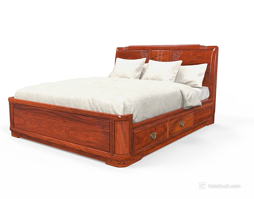 Solid Wood Double Bed With Headboard And Storage Drawers White Mattress 3d model