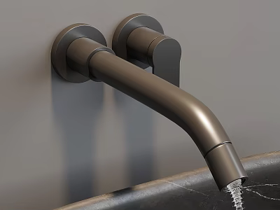 Stylish Wall Mounted Bronze Faucet With Water Flowing Into Modern Sink 3d model