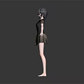 Game and Movie Character With Blue Black Short Hair Blue Eyes Black Lace Sleeve Top Brown Pleated Skirt