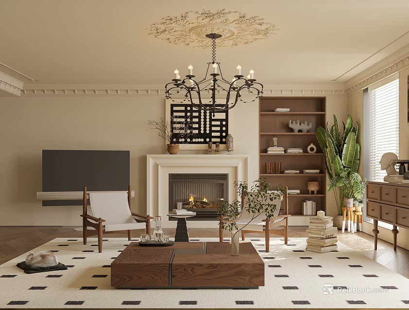 Elegant Living Room Interior Design With Fireplace Chandelier Built In Bookshelves And Green Plant 3d model 