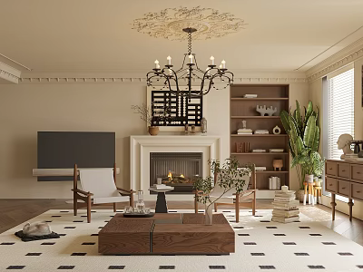 Elegant Living Room Interior Design With Fireplace Chandelier Built In Bookshelves And Green Plant 3d model