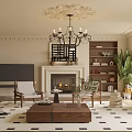 Elegant Living Room Interior Design With Fireplace Chandelier Built In Bookshelves And Green Plant