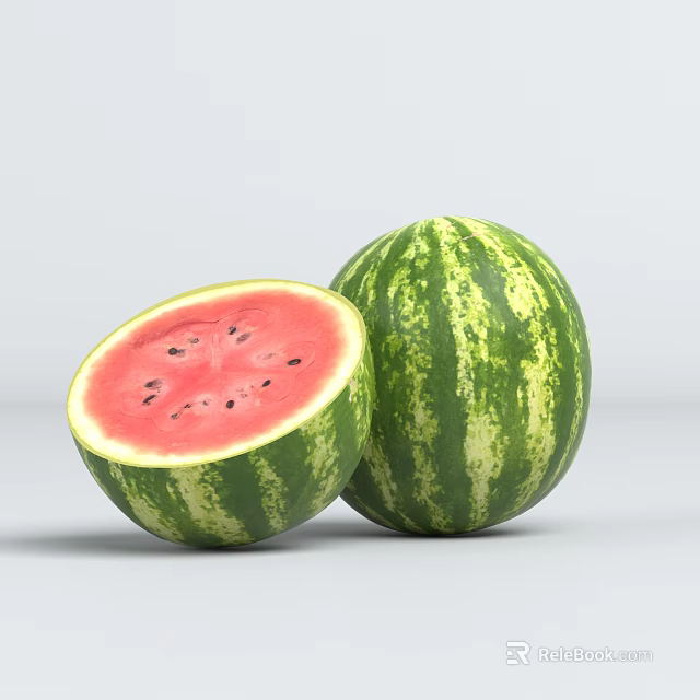 Fresh Ripe Watermelon Whole And Sliced With Green Striped Rind Red Flesh Black Seeds 3d model 