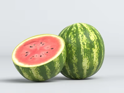 Fresh Ripe Watermelon Whole And Sliced With Green Striped Rind Red Flesh Black Seeds 3d model