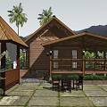 Wooden House with Veranda Gazebo Palm Trees and Stone Paved Patio Near Water and Mountains