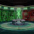 Futuristic Sci Fi Control Chamber With Circular Platform Glowing Human Projection And Illuminated Wall Panels