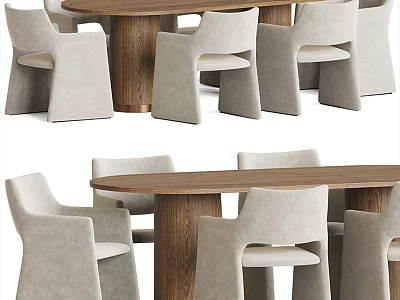 Elegant Wooden Dining Table Set with Light Gray Upholstered Chairs and Cylindrical Legs 3d model