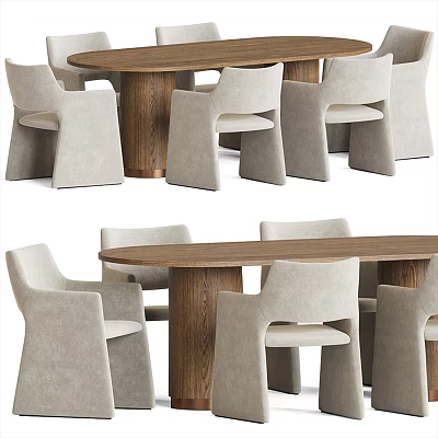 Elegant Wooden Dining Table Set with Light Gray Upholstered Chairs and Cylindrical Legs 3d model