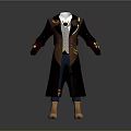 Dark Long Coat With Yellow Accents Vest Shirt Pants And Brown Boots