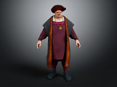 Medieval Style Game Movie Character in Purple Robe with Dark Cloak Golden Necklace and Hat 3d model