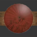 Outdoor Scene Component With Red Umbrella And Wooden Trays On Metal Stand
