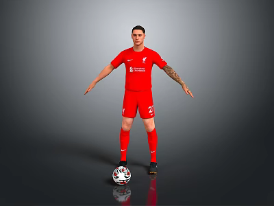 Man In Red Liverpool Football Jersey Number 2 Standing With Soccer Ball On Grey Background 3d model