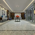 Elegant Modern Hotel Lobby Featuring Marble Floor Central Floral Decor And Blue Seating