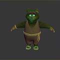 Cute Brown Cartoon Bear 3D Model With Open Arms Wearing Green Overalls