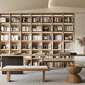Modern Study Room Interior With Built-in Bookshelves Filled With Books Large Windows And Wooden Desk