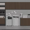 Organized Office Equipment Area With Wooden Cabinets Filing Cabinets Printers And Sticky Notes