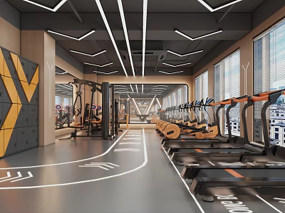 Modern Gym Interior Design With Treadmills Fitness Equipment Contemporary Lighting And Spacious Layout 3d model