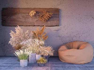 Potted Ornamental Grass Plants With Wooden Decorative Board And Bean Bag Chair Against Gray Wall 3d model