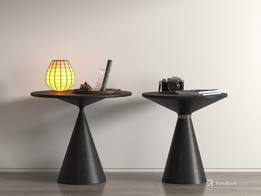 Black Conical Base Side Tables With Yellow Lantern Lamp Vintage Camera And Books 3d model 