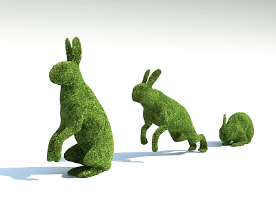 Green Topiary Bushes Shaped As Rabbits In Three Different Sizes 3d model