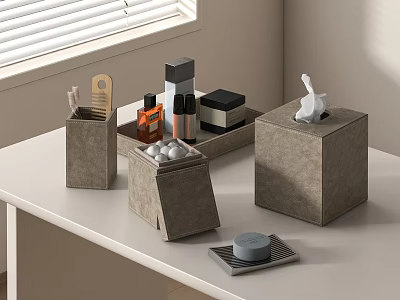Modern Home Living Supplies Setup With Storage Boxes On Desk 3d model