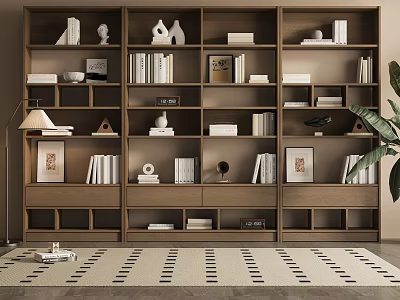 Modern Bookshelf Interior Design With Books Decorative Sculptures Photo Frames Floor Lamp And Green Plant 3d model