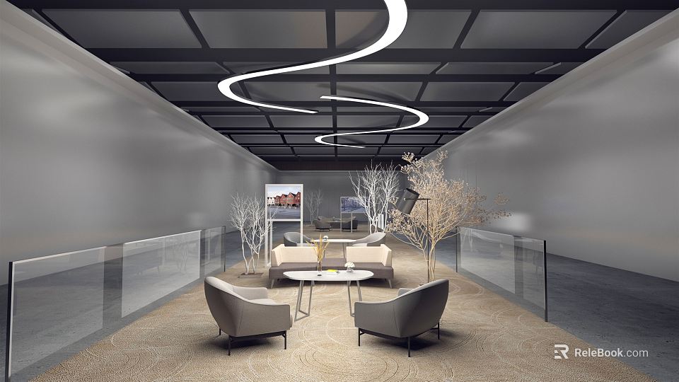 Modern Lounge Area With Curved Ceiling Lights Sofa Armchairs And Decorative Plants 3d model 