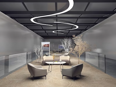 Modern Lounge Area With Curved Ceiling Lights Sofa Armchairs And Decorative Plants 3d model