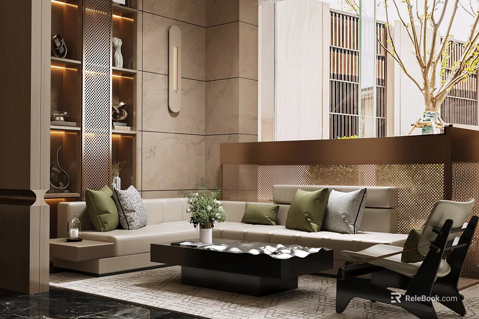 Modern Sales Office Interior Design With Sofa Green Pillows Coffee Table And Decorative Plants 3d model 