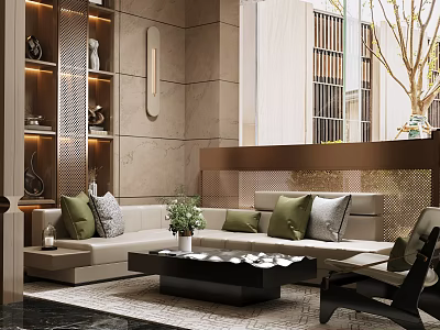 Modern Sales Office Interior Design With Sofa Green Pillows Coffee Table And Decorative Plants 3d model
