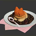 Cute Cat Shaped Dessert On White Plate With Brown Sauce Spoon And Pink Napkin