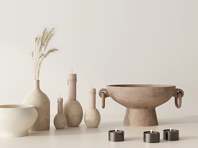Minimalist Decorative Ornament Set With Ceramic Vases Candles Handle Bowl And Dried Plants 3d model