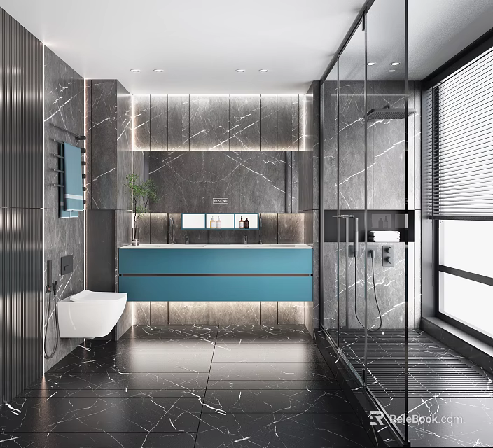 Modern Bathroom Suite With Marble Walls Vanity Toilet And Glass Shower Enclosure 3d model 
