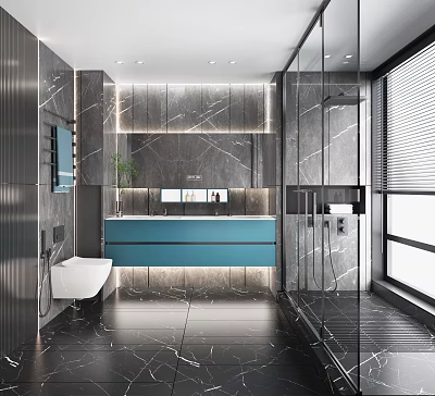 Modern Bathroom Suite With Marble Walls Vanity Toilet And Glass Shower Enclosure 3d model