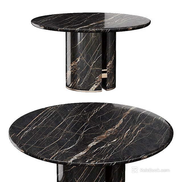 Round Black Marble Desk with Gold Veins Pattern and Metallic Legs Design 3d model 