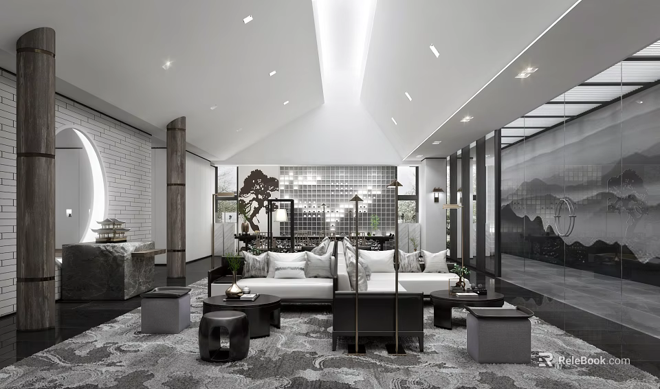 Modern Chinese Style Hotel Public Lounge Area with White Sofas Black Coffee Tables Gray Carpet 3d model 