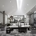 Modern Chinese Style Hotel Public Lounge Area with White Sofas Black Coffee Tables Gray Carpet