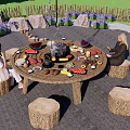 Roof Garden with Round Table Tree Stump Stools Purple Flowers Rocks and Grilled Food