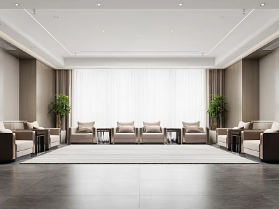 Spacious Hotel Lobby Lounge Area With Comfortable Seating Large Windows And Green Plants 3d model