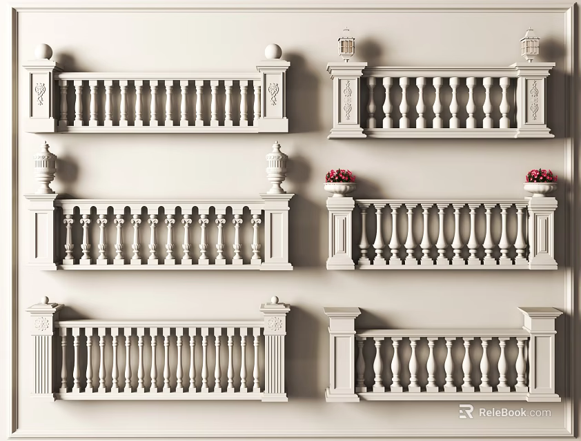 Decorative Balustrade Designs In Multiple Styles With White Ornamental Posts For Architecture 3d model 