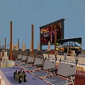 Vibrant Commercial Street With Decorative String Lights Folding Chairs And Outdoor Umbrellas Under Evening Sky