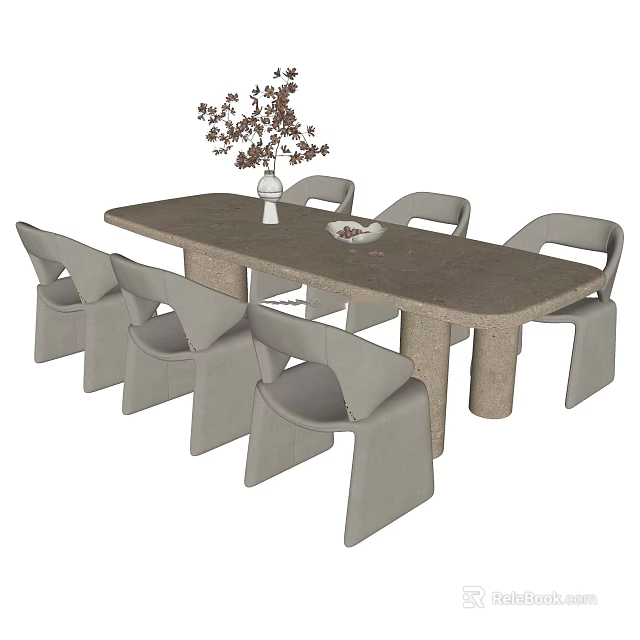 Modern Rectangular Dining Table Set with Six Gray Chairs and Decorative Vase Bowl 3d model