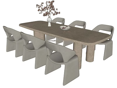 Modern Rectangular Dining Table Set with Six Gray Chairs and Decorative Vase Bowl 3d model