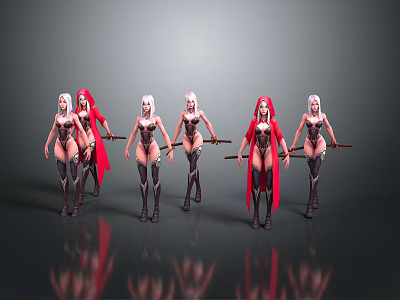 Group of Female Characters with White Hair Red Capes and Black Boots Holding Weapons 3d model